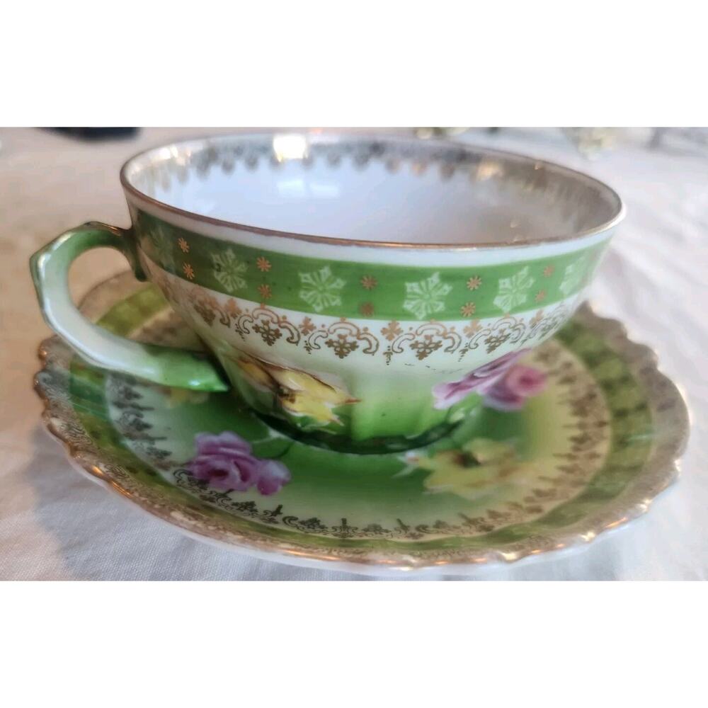 30s Vtg Wheelock Vienna Austria Teacup & Saucer Pink & Yellow Roses Gold Gilded